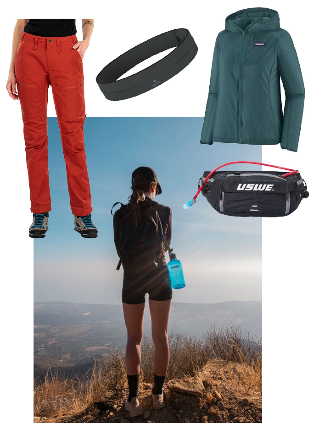 Odzież outdoorowa damska Patagonia i Fjällräven, pas FlipBelt oraz nerka USWE w prezentowniku dla aktywnej kobiety