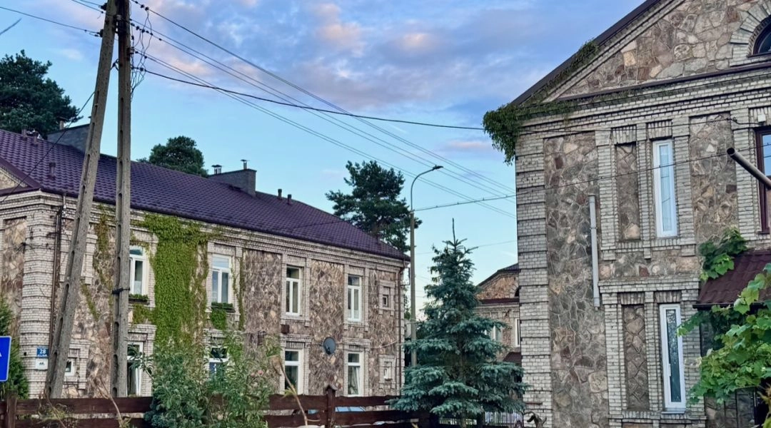 Kamienne domy robotnicze porośnięte bluszczem na osiedlu Zachodnie w Skarżysku-Kamiennej.