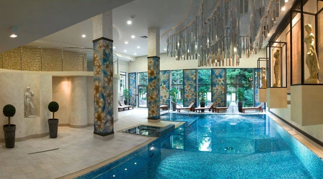 Basen w Hotelu Afrodyta Business & Spa w Radziejowicach z widokiem na drzewa za przeszkloną ścianą.