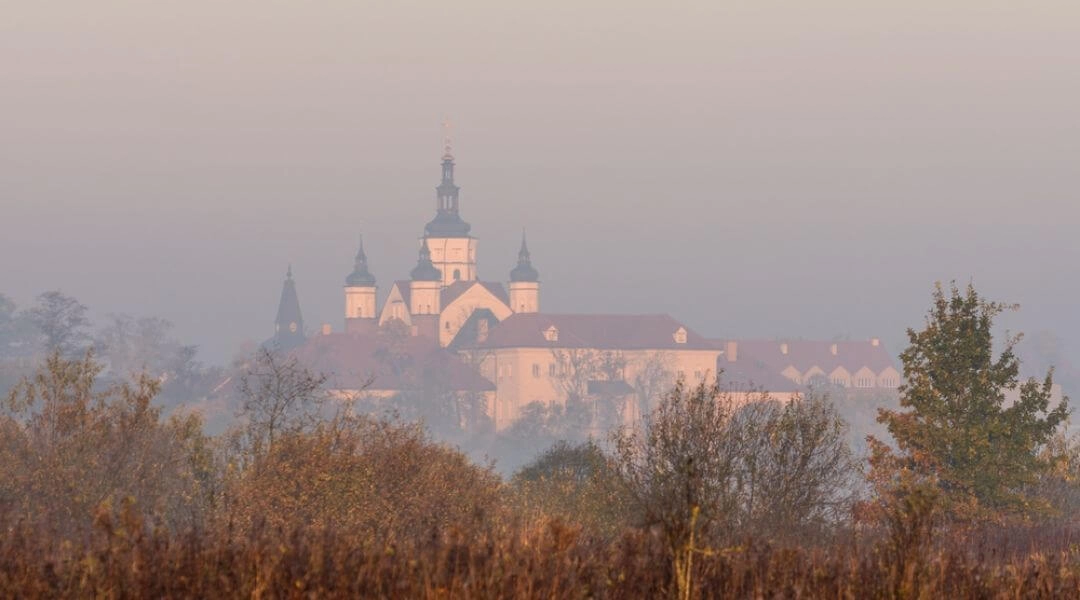 Monastyr w Supraślu widziany z oddali we mgle, ponad łąkami i zaroślami.