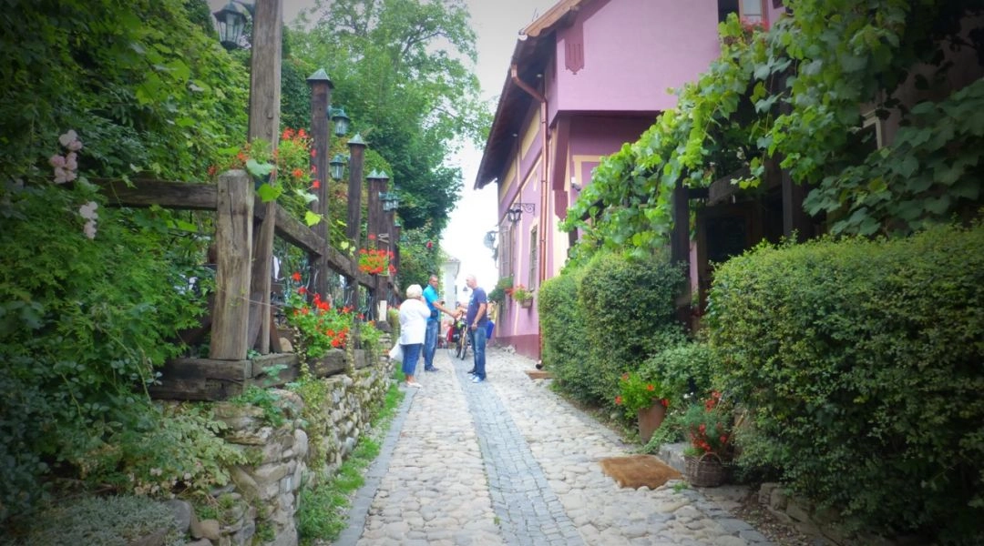Brukowana uliczka i kolorowe zabytkowe domy w średniowiecznej Sighișoarze w Rumunii