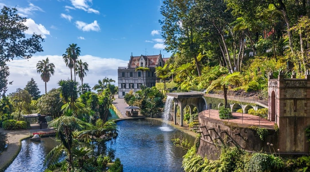 Ogród botaniczny w Funchal na Maderze z tarasami, zielenią i widokiem na ocean