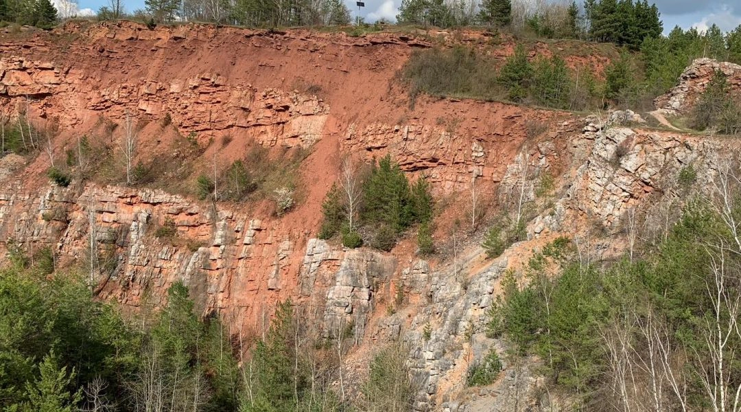 Widok na teren rezerwatu Chelosiowa Jama z odsłonięciami skalnymi i drzewami w Geoparku Świętokrzyskim UNESCO.