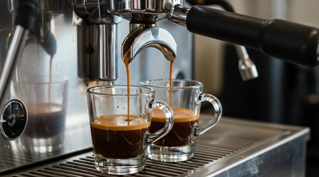 Espresso spływające z ekspresu kolbowego do dwóch szklanych filiżanek.