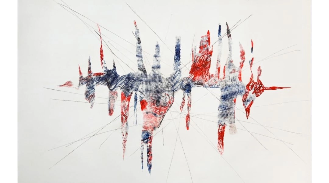 Abstrakcyjna monotypia Zofii Artymowskiej z 1962 roku, w czerwono-niebieskiej kolorystyce, przedstawiająca linearne, organiczne formy na białym tle.