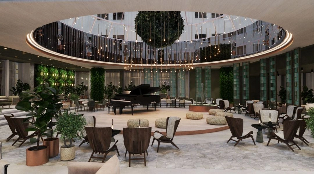 Wnętrza hotelu Tribute Portfolio utrzymane są w kolorach ziemi.
