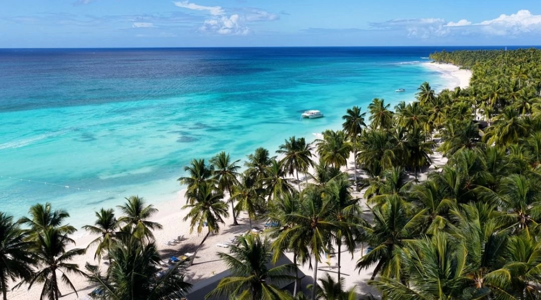 Plaża w Punta Cana na Dominikanie z palmami i turkusową wodą oceanu w marcu