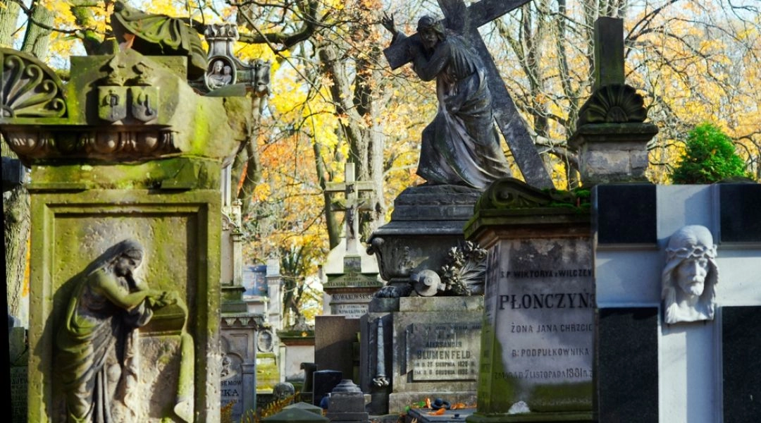 Warszawa, Stare Powązki – jesienne słońce nad alejkami z XIX-wiecznymi pomnikami i rzeźbą anioła
