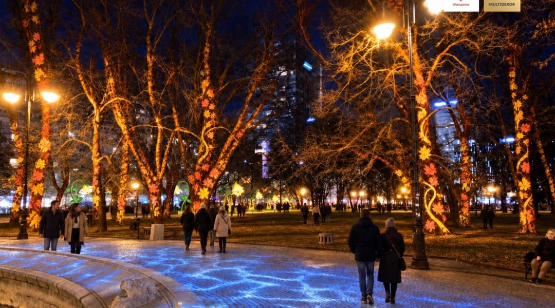 Wizualizacja iluminacji drzew i świetlnych projekcji na alejkach Parku Świętokrzyskiego w Warszawie