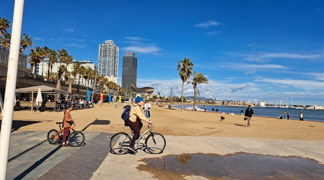 Plaża Barceloneta w Barcelonie, promenada nad Morzem Śródziemnym z palmami i spacerującymi mieszkańcami.