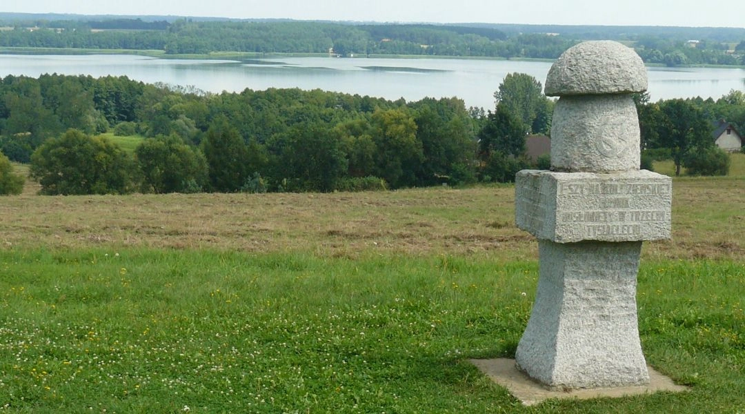 Granitowy pomnik borowika w Łężeczkach stojący na trawiastej polanie, z jeziorem i lasem w tle.
