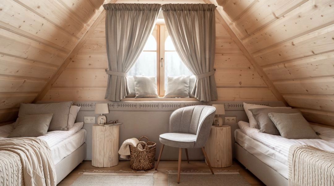 Sypialnia w drewnianym domu, duże łóżko pod skosem, jasne drewno i zasłony przy oknie.