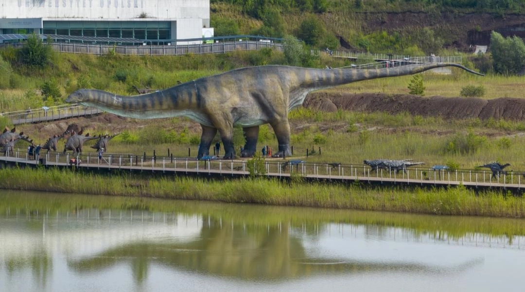 Ogromny model długoszyjego dinozaura stojący przy ścieżce nad wodą w JuraParku Krasiejów.