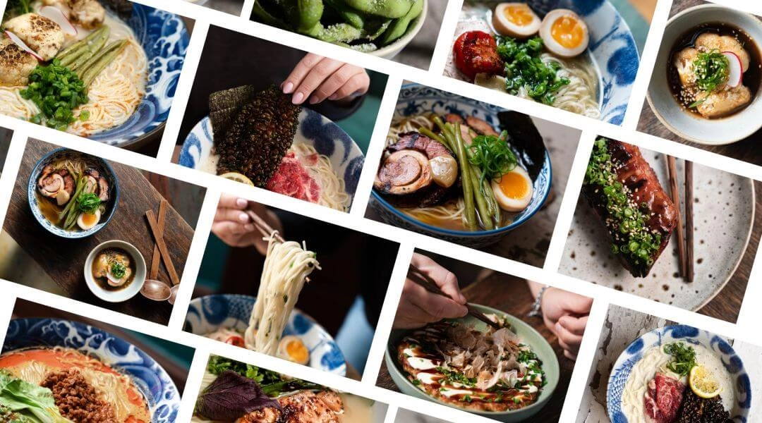 Arigator Ramen Shop Warszawa ramen w misce z jajkiem i wieprzowiną kolaż zdjęć