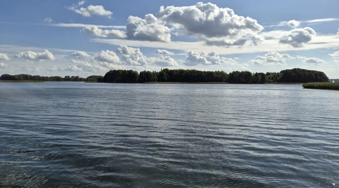 Rozległa tafla jeziora Wigry pod błękitnym niebem z dużymi białymi chmurami, w tle zalesiony brzeg.