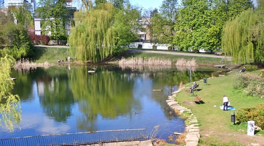 Staw w parku Morskie Oko na Mokotowie w Warszawie otoczony zielenią i alejkami spacerowymi.