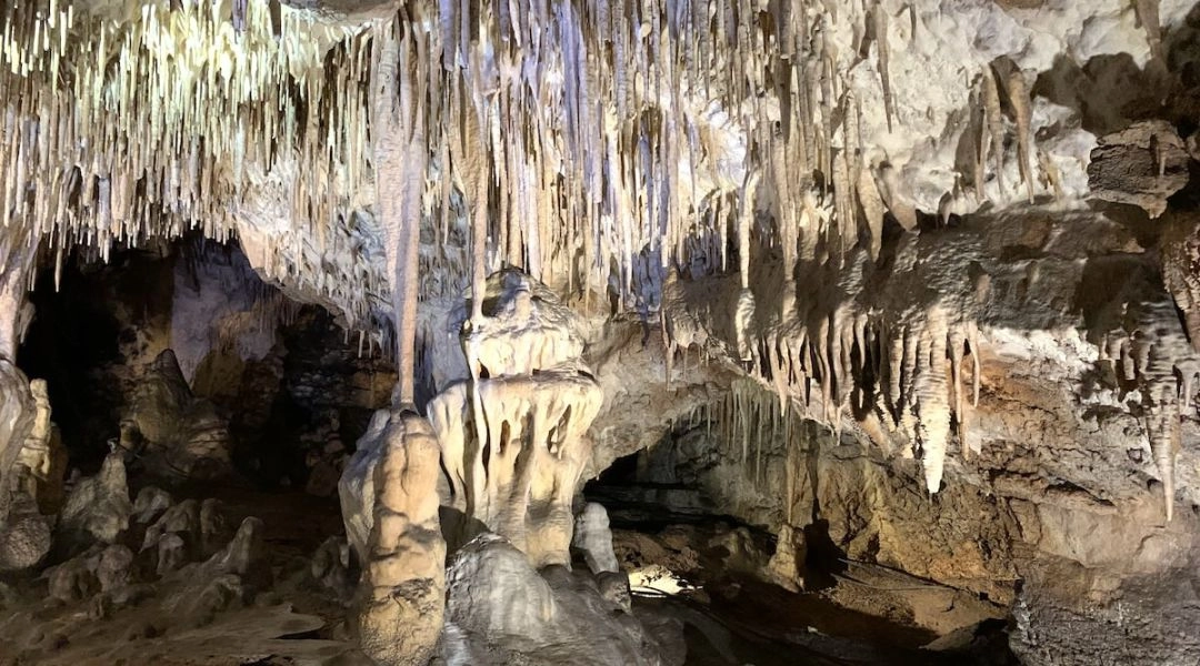 Jaskinia Raj wnętrze, formy krasowe, stalaktyty i stalagmity.