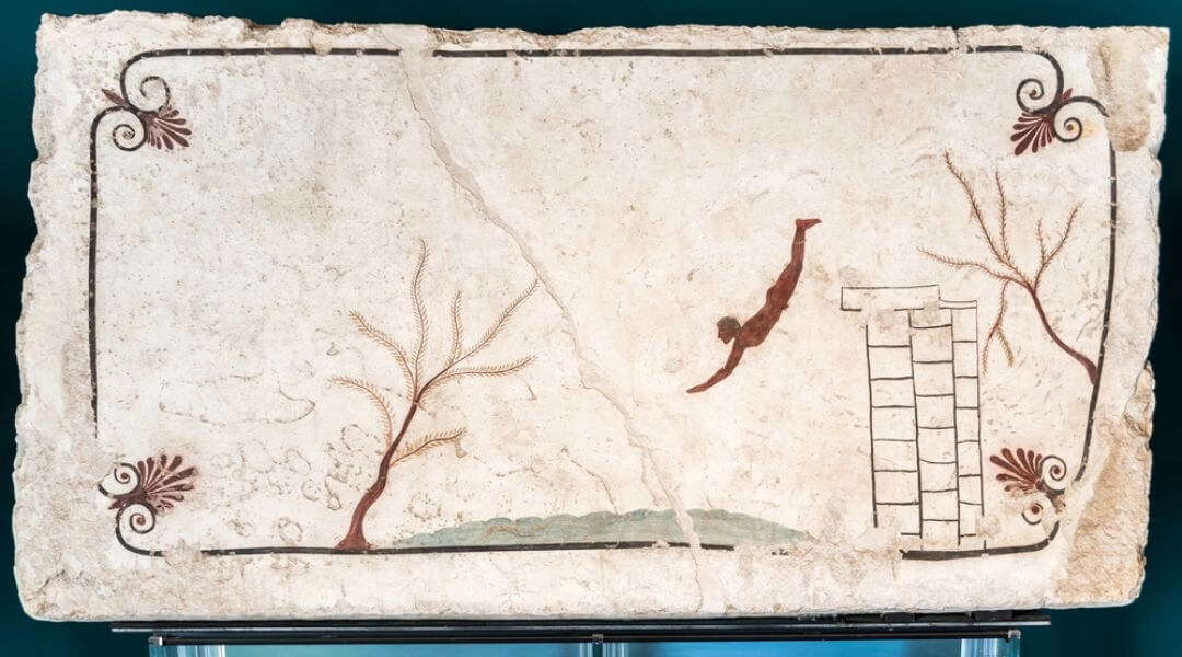 Fresk przedstawiający człowieka skaczącego do wody - Paestum.
