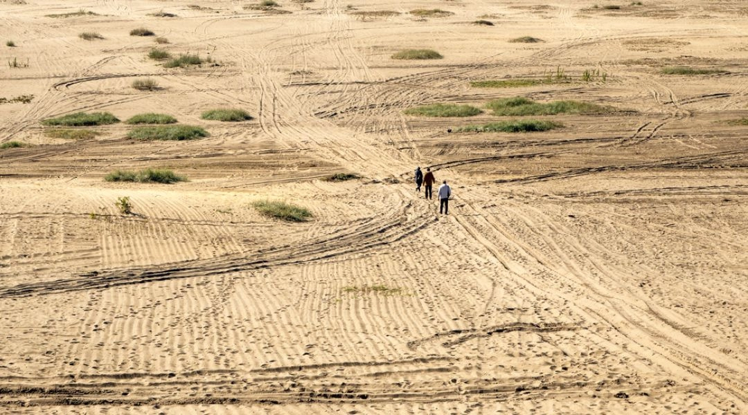 Piaszczysty krajobraz Pustyni Błędowskiej z widocznymi śladami na piasku i spacerującymi ludźmi.