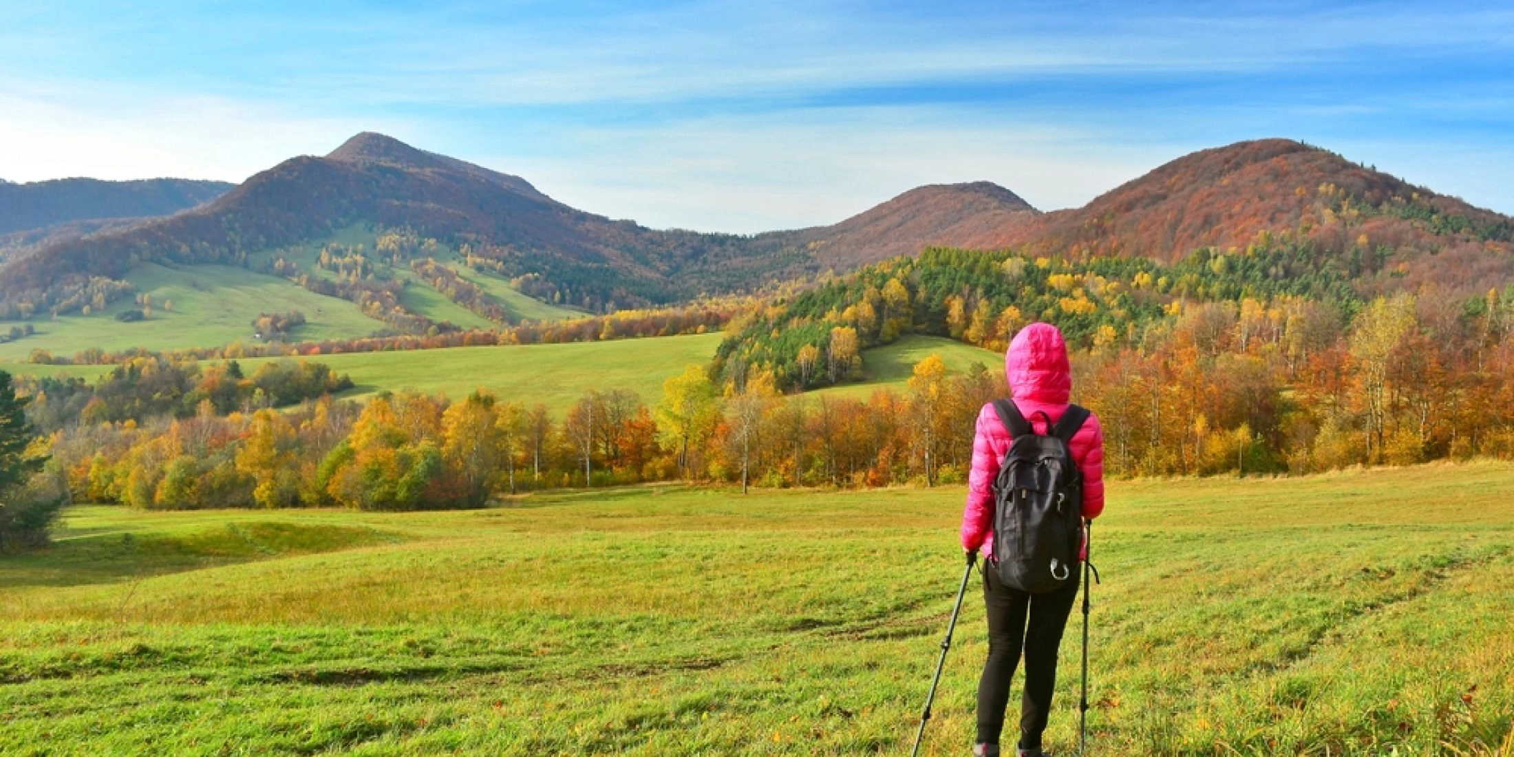 Turystka w różowej kurtce, z plecakiem i kijkami trekkingowymi, spogląda na jesienne wzgórza Beskidu Niskiego.