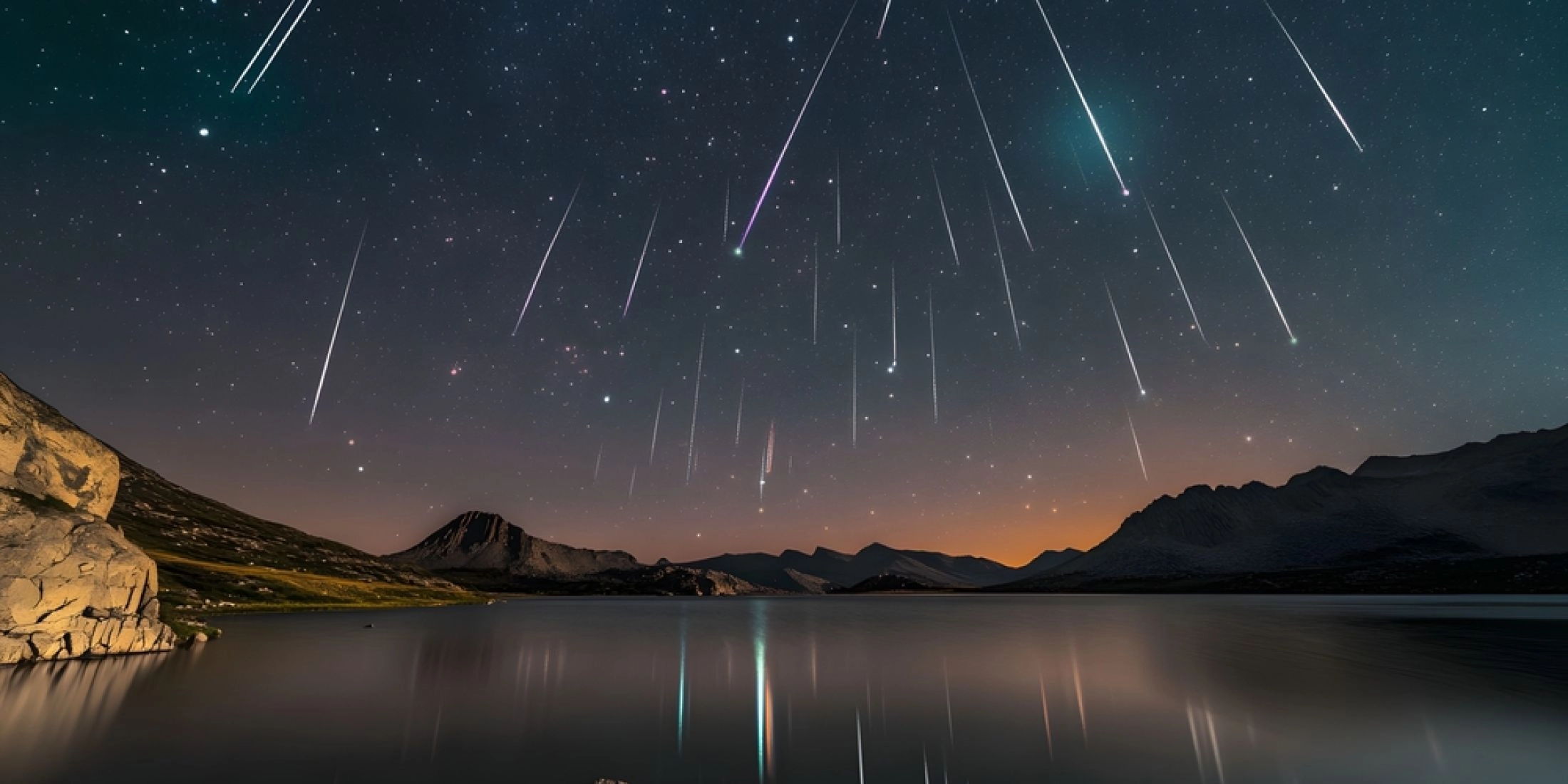 Perseidy nad górskim jeziorem, z jasnymi smugami meteorów odbijającymi się w wodzie