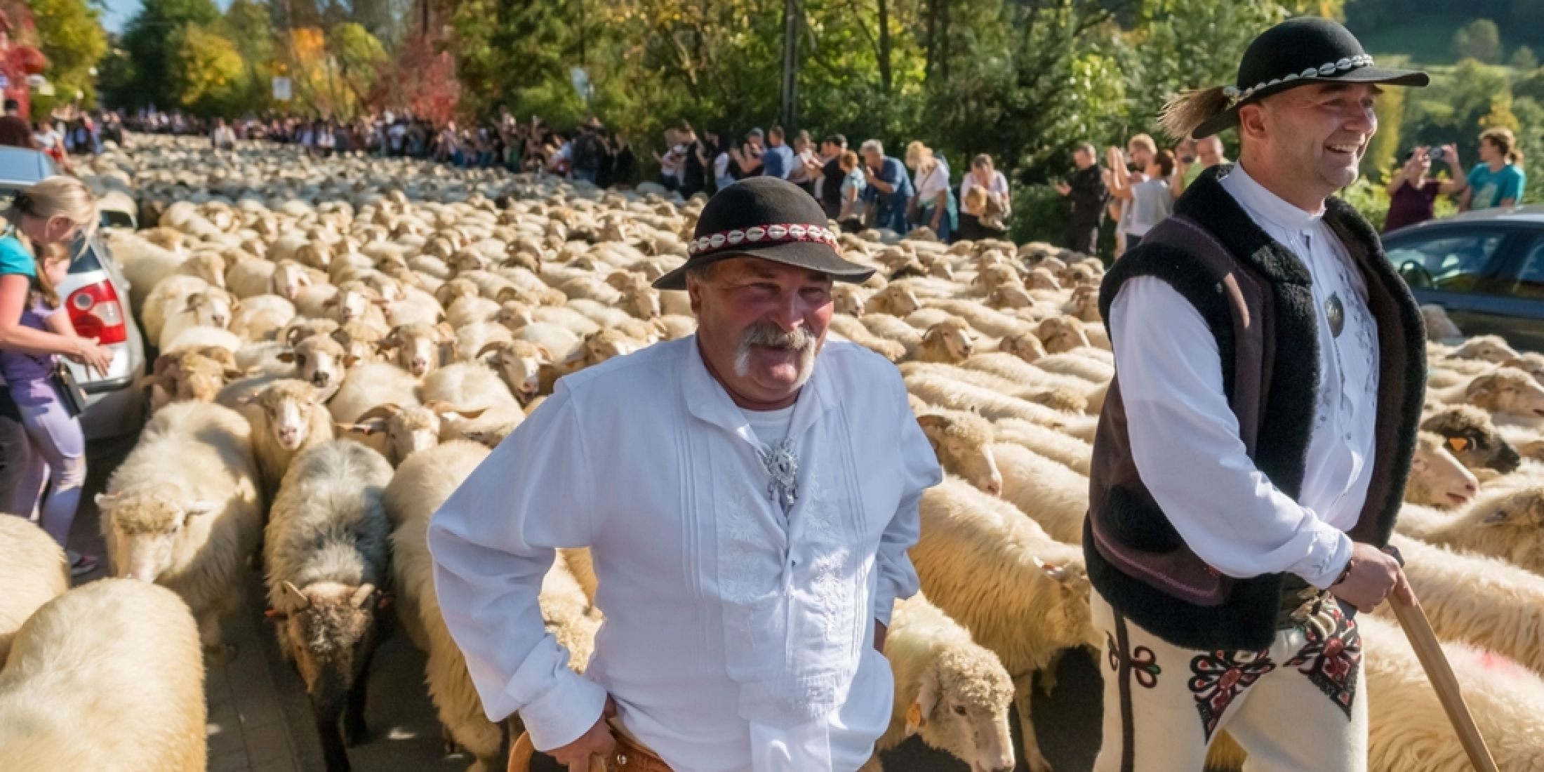 Dwaj mężczyźni w strojach góralskich idą przed stadem owiec wypełniającym ulicę, a po bokach stoją widzowie.