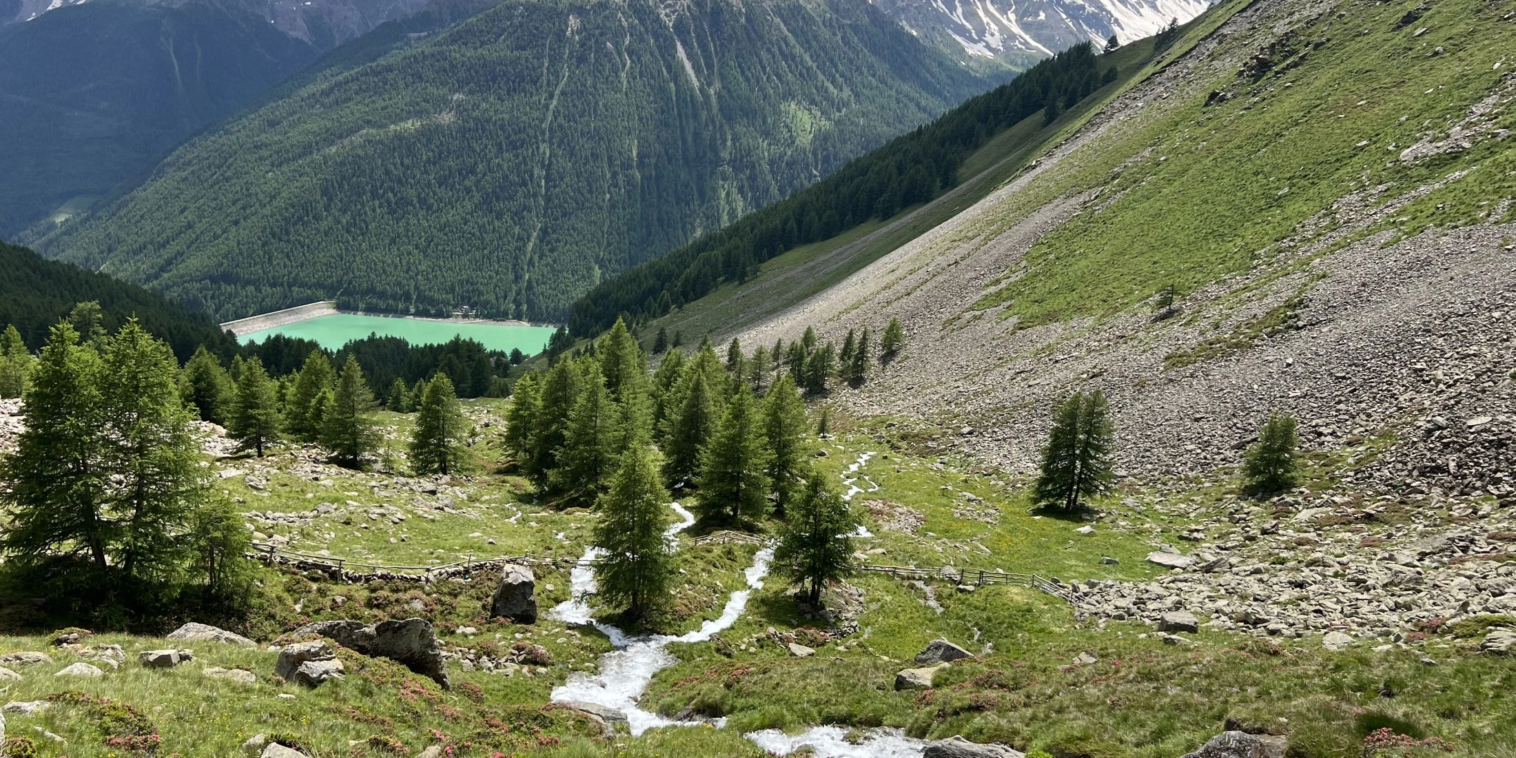 Górski szlak trekkingowy w Val Senales z potokiem, zielonymi halami i ośnieżonymi szczytami w tle.