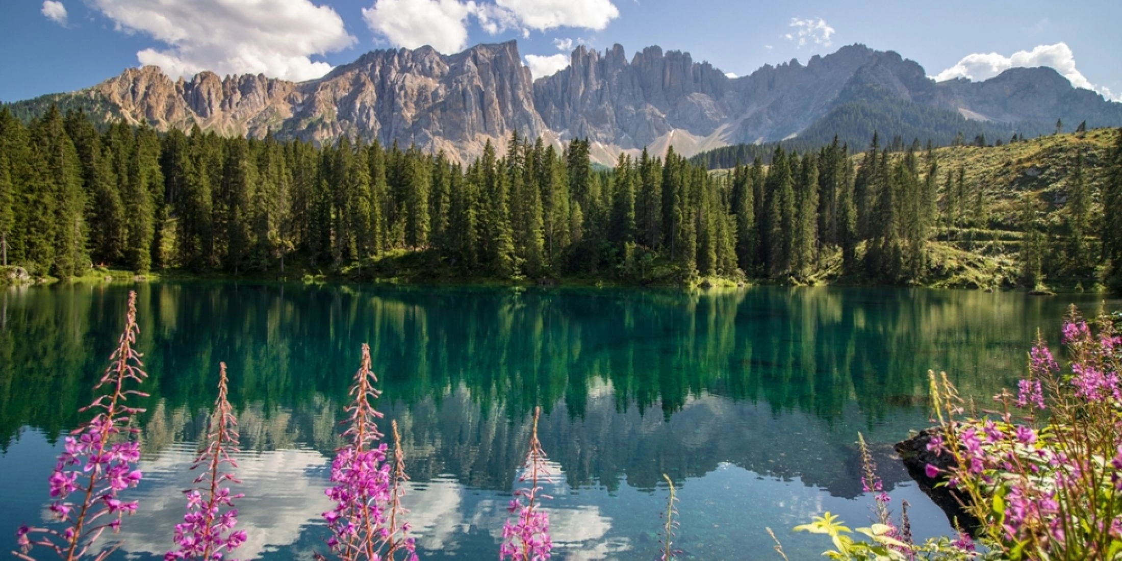 Górskie jezioro w Dolomitach w Trentino otoczone lasem i skalnymi szczytami.