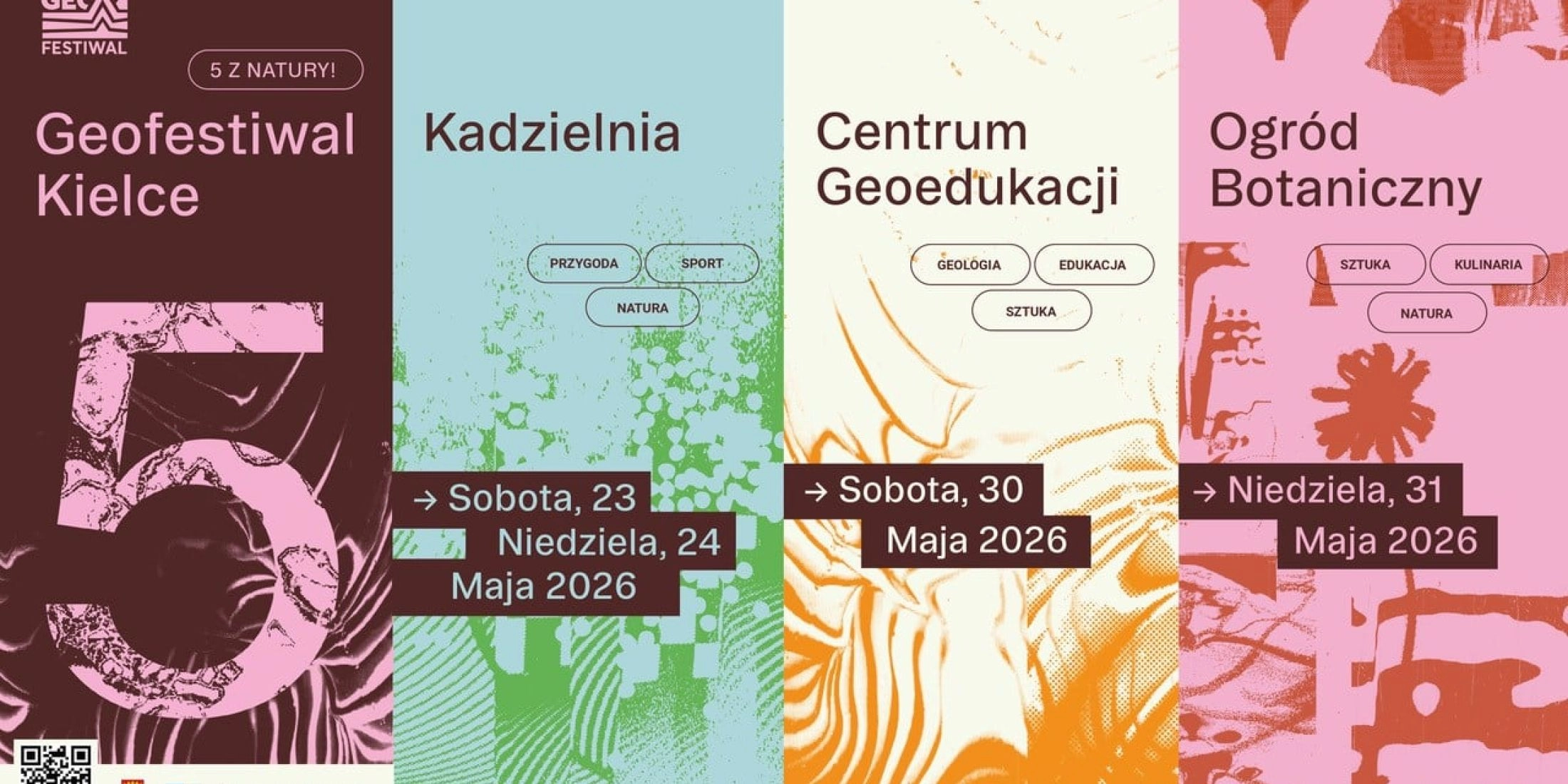 Plakat GeoFestiwalu Kielce 2026 z datami wydarzeń na Kadzielni, w Centrum Geoedukacji i Ogrodzie Botanicznym.