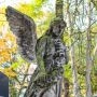 Rzeźba anioła z mchem na skrzydłach, Cmentarz Powązkowski w Warszawie, jesienne drzewa w tle