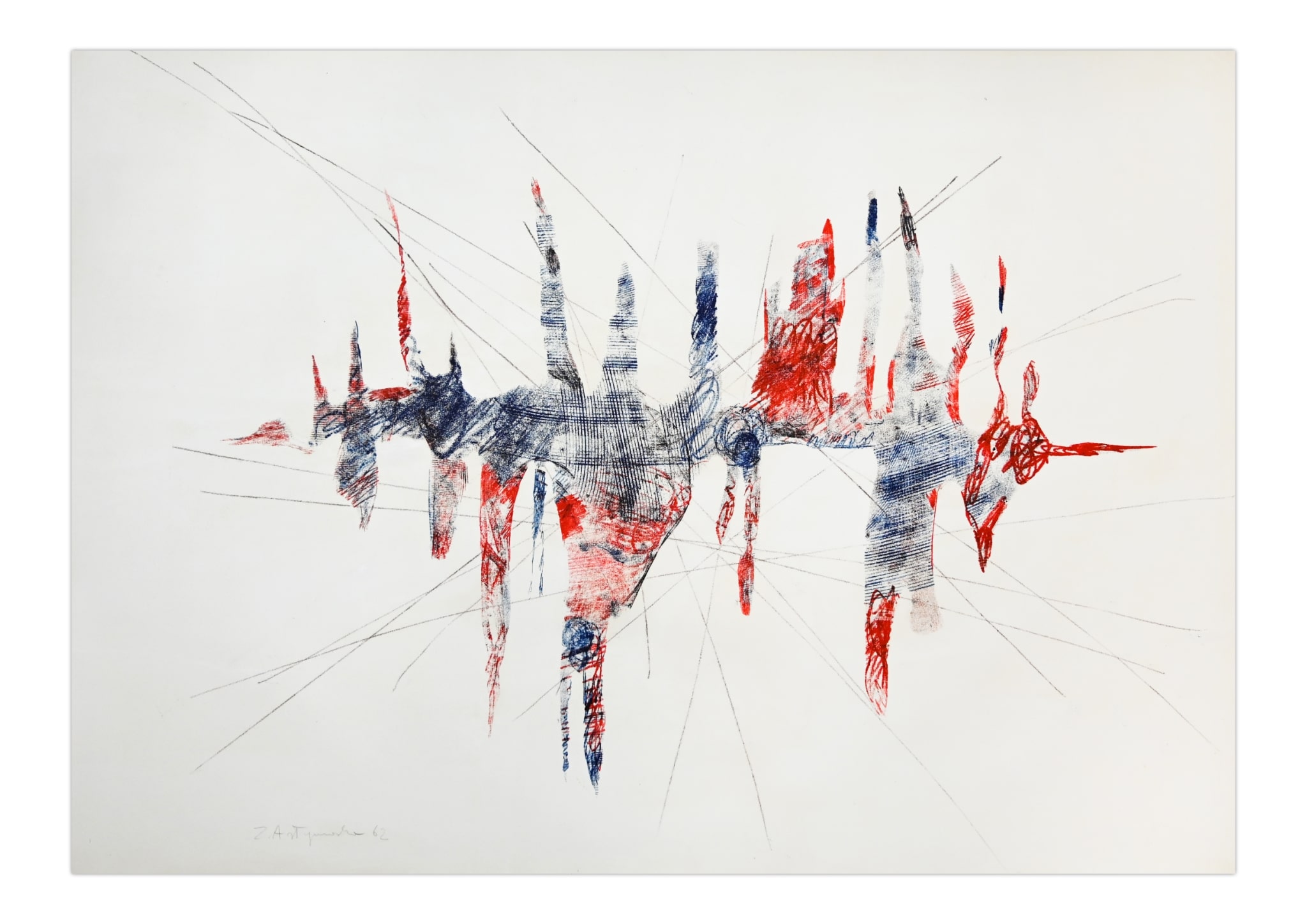 Abstrakcyjna monotypia Zofii Artymowskiej w kolorach czerwonym i granatowym, z promienistymi liniami rozchodzącymi się z centralnej formy.