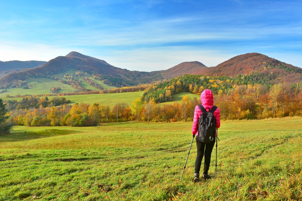 Turystka w różowej kurtce, z plecakiem i kijkami trekkingowymi, spogląda na jesienne wzgórza Beskidu Niskiego.