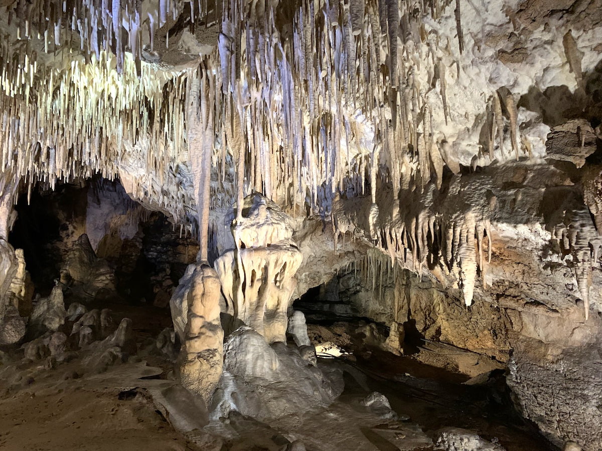 Nacieki skalne w Jaskini Raj w Geoparku Świętokrzyskim UNESCO.