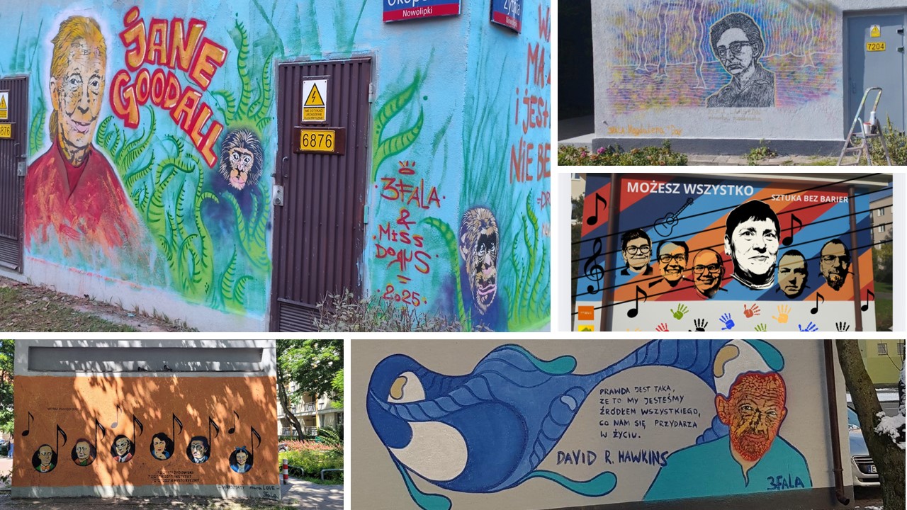 Kolaż zdjęć warszawskich murali na transformatorach i budynkach technicznych, przedstawiających portrety historycznych postaci i motywy muzyczne.