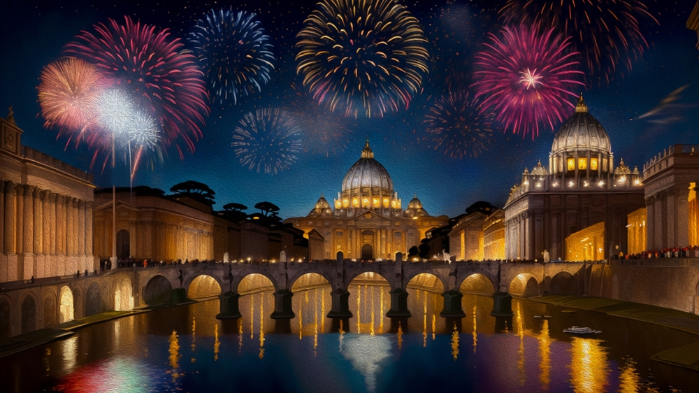 Sylwester w Rzymie i nocny widok na Watykan i plac św. Piotra