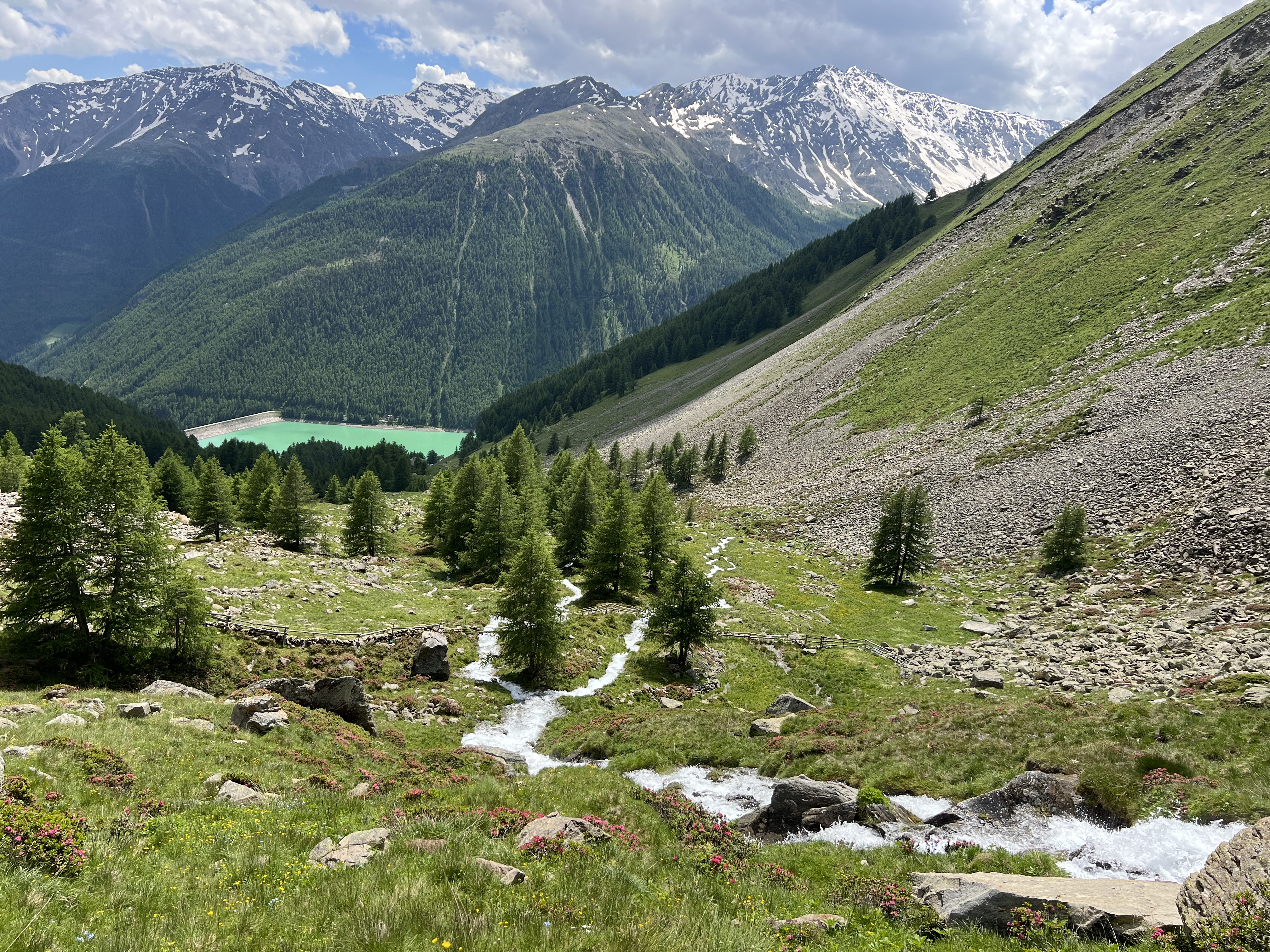 Górski szlak trekkingowy w Val Senales z potokiem, zielonymi halami i ośnieżonymi szczytami w tle.