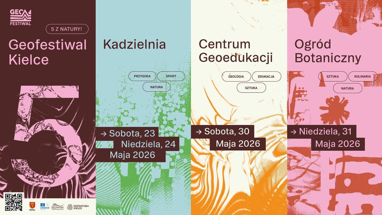 Plakat GeoFestiwalu Kielce 2026 z datami wydarzeń na Kadzielni, w Centrum Geoedukacji i Ogrodzie Botanicznym.