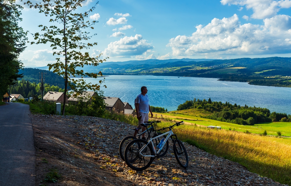 Widok na Jezioro Czorsztyńskie z drogi rowerowej, z rowerami na pierwszym planie i górami w tle.