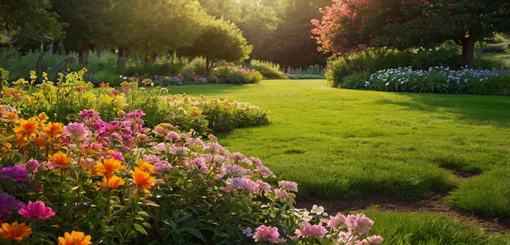 Wiosenny ogród z kolorowymi rabatami kwiatowymi i szerokim zielonym trawnikiem w ciepłym świetle