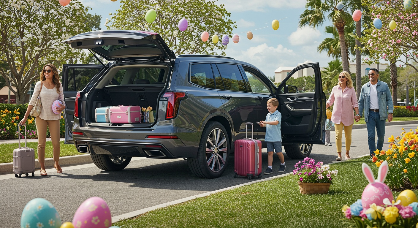 Rodzina pakująca samochód przed wyjazdem na wielkanocny weekend.