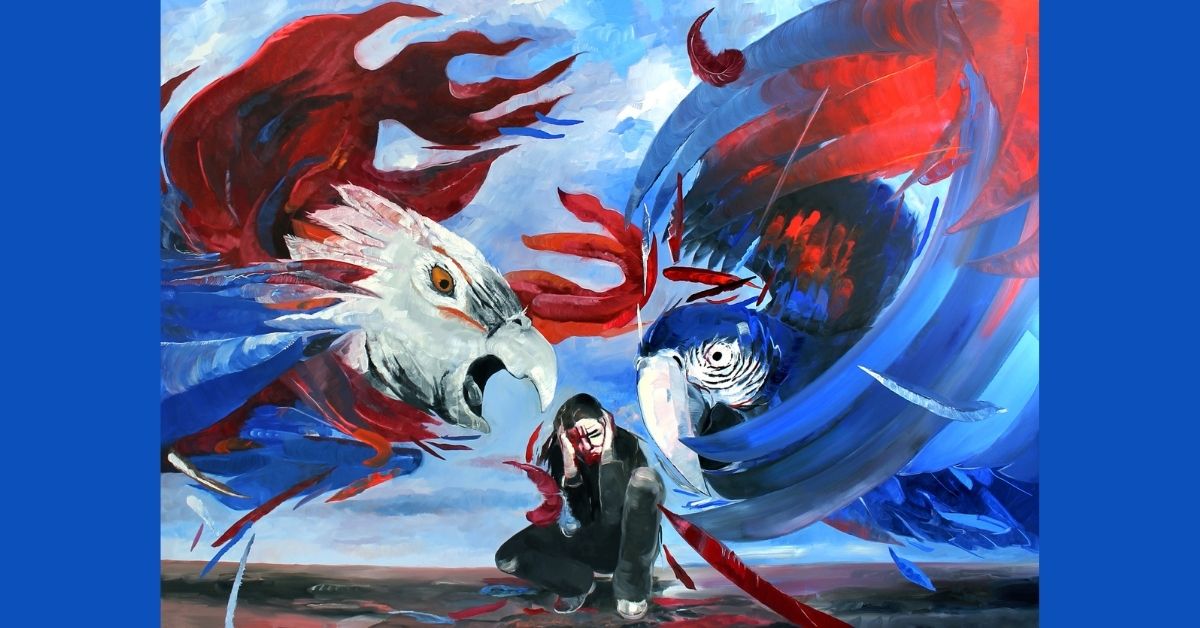 Obraz Poli Dwurnik z wystawy „Duch przodków i anioł przyszłości albo ignorancja”, przedstawiający skuloną postać człowieka między dwiema ogromnymi ptasimi figurami w intensywnych czerwonych i niebieskich barwach.