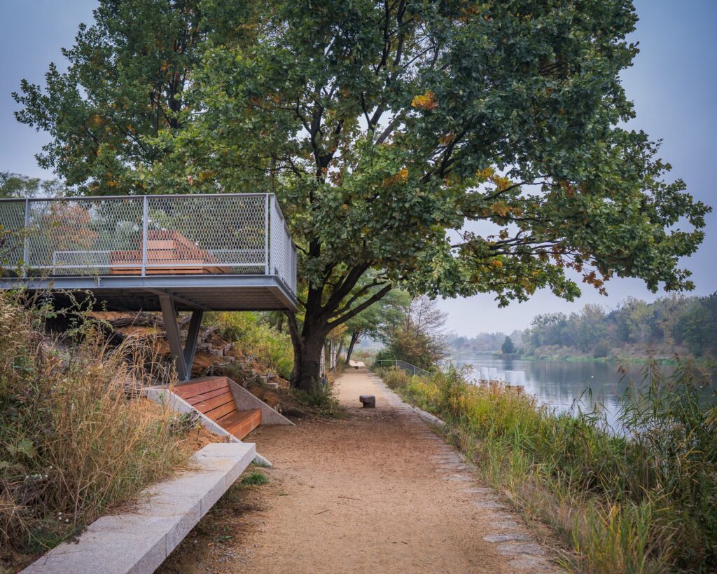 Ścieżka spacerowa w Parku Żerańskim wzdłuż Kanału Żerańskiego, ławki i naturalna roślinność.